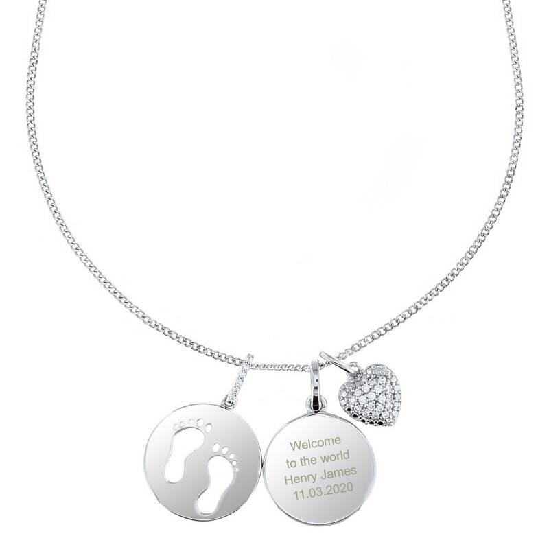 Personalised Sterling Silver Footprints and Cubic Zirconia Heart Necklace